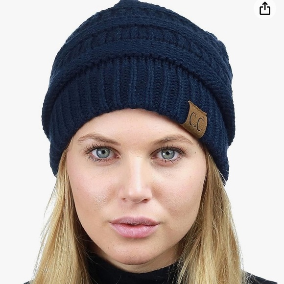 C.C Navy Unisex Chunky Soft Stretch Cable Knit Winter Hat - Picture 2 of 12